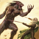 Drizzt the dark elf fends off a demon with his two scimitars on a narrow rock bridge.